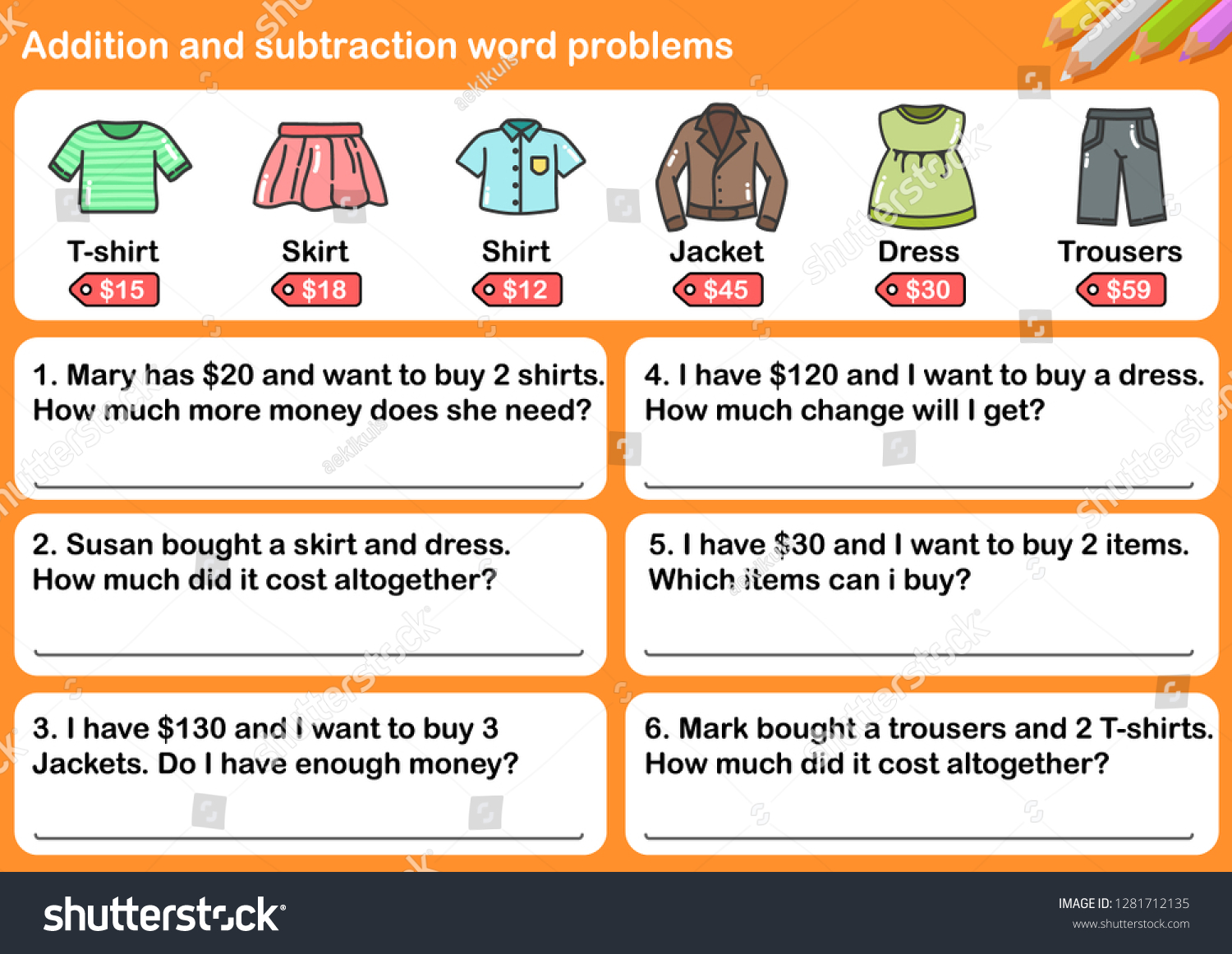 Clothing Store Addition Subtraction Word Problems Stock Vector Royalty Free