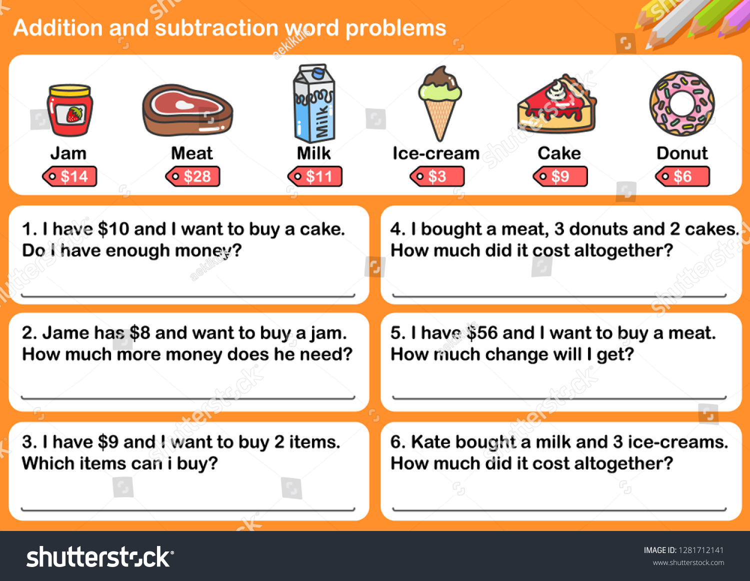 Supermarket Addition Subtraction Word Problems Worksheet Stock Vector Royalty Free