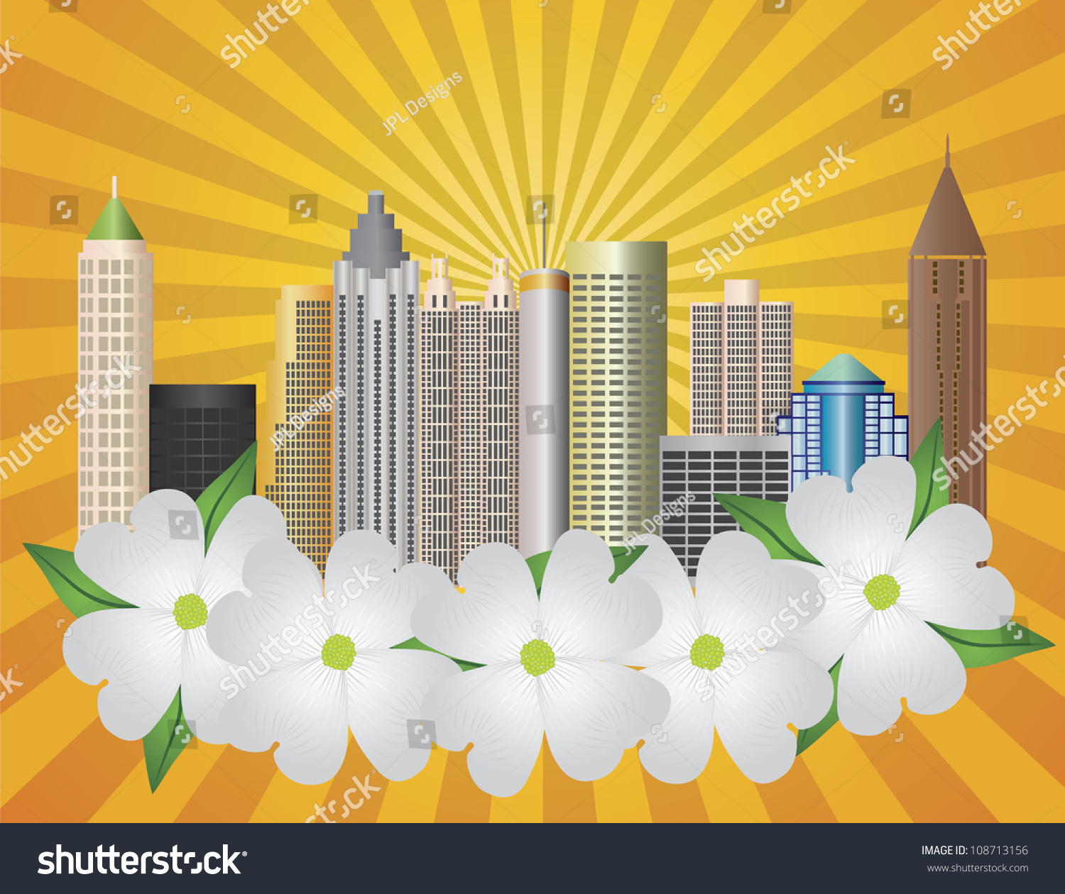 SVG of Atlanta Georgia City Skyline  with Sun Rays and Dogwood Tree Flowers in Background Illustration svg