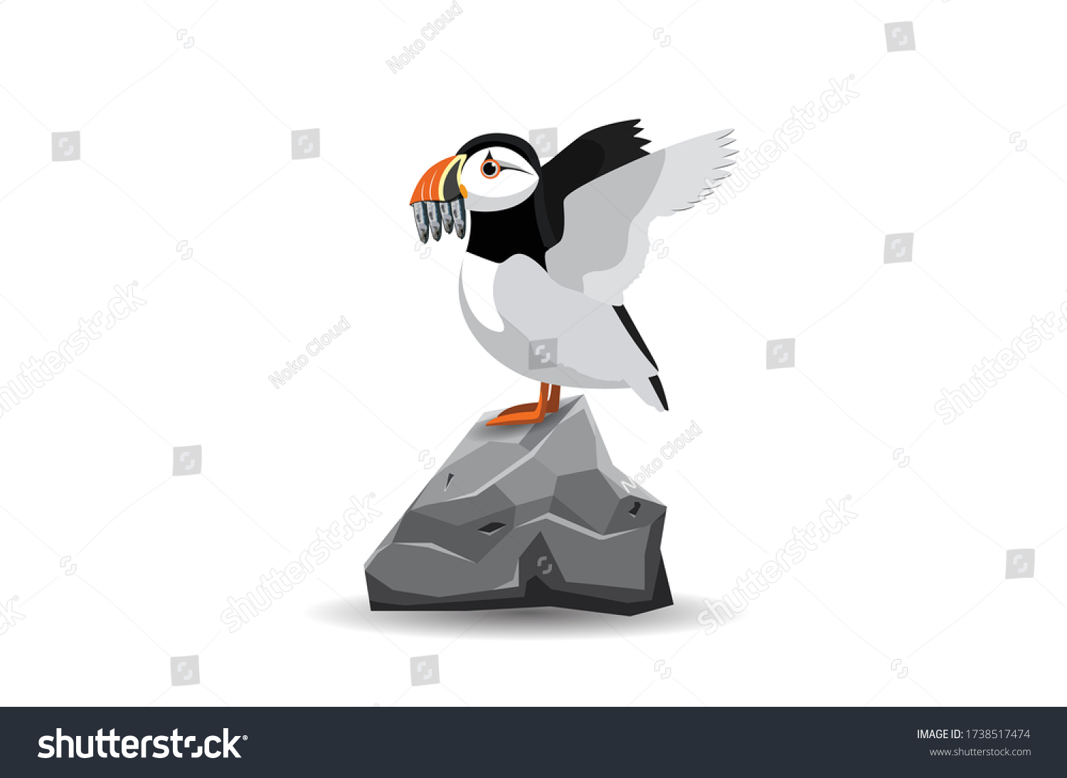 SVG of Atlantic puffin side view. Northern bird on rock with fish in its mouth. Vector Flat Illustration svg