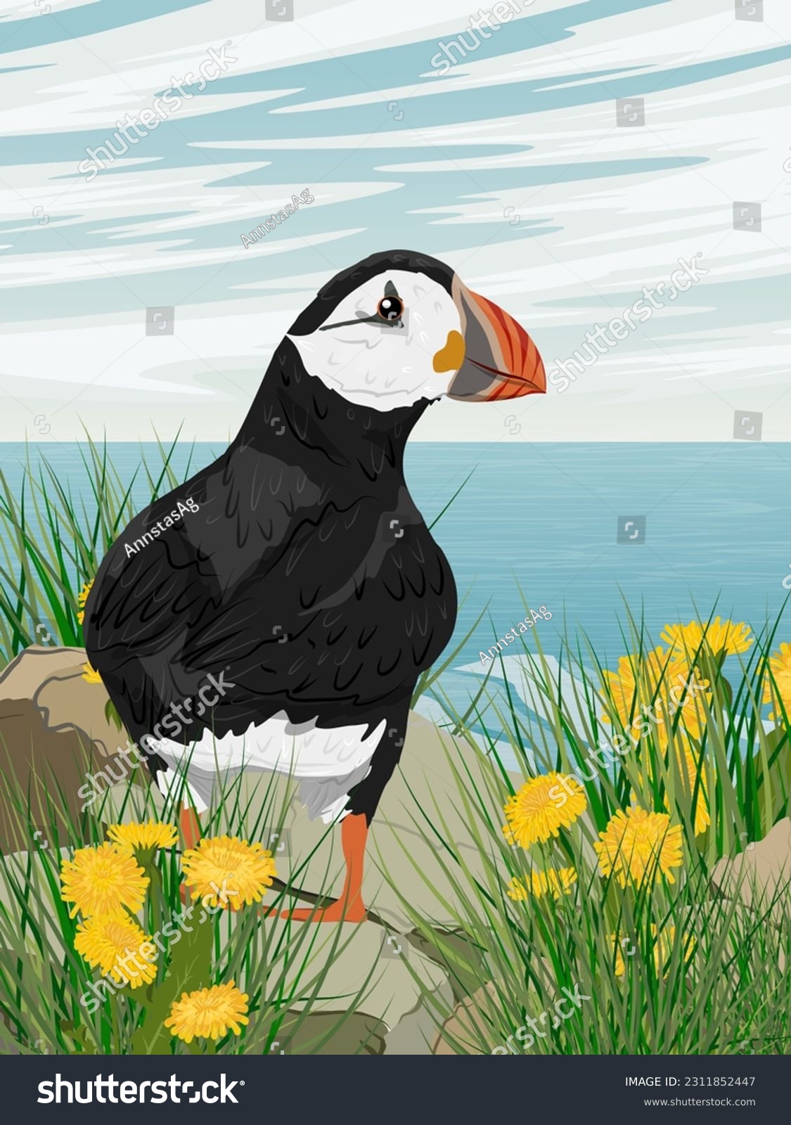 SVG of Atlantic puffin sits on a rocky ocean shore in thickets of grass and yellow flowers. Scandinavian bird Fratercula arctica or common puffin. Realistic vector vertical landscape svg