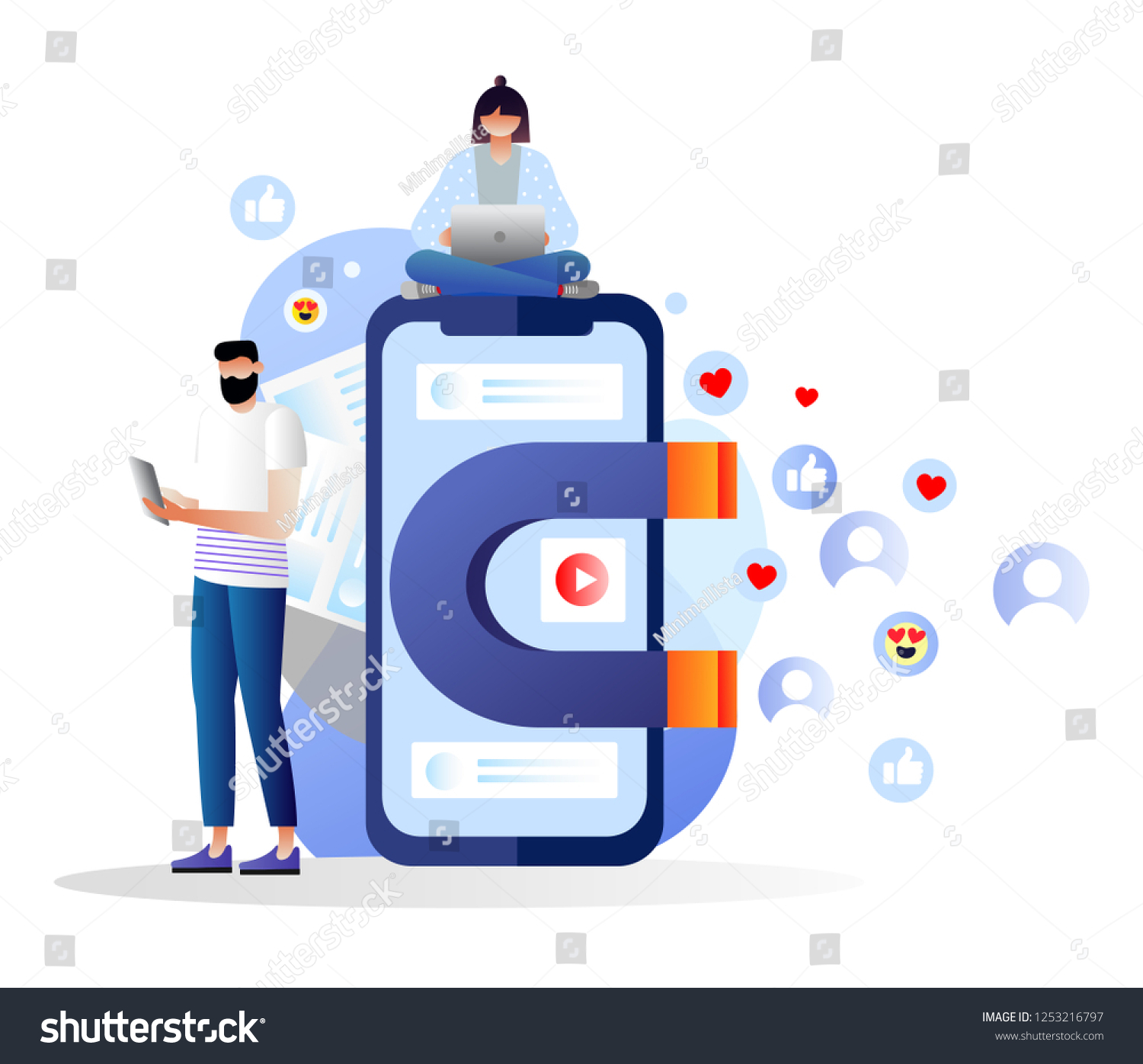 SVG of attracting online customers vector illustration.Big magnet and people with laptop around. Customer retention strategy, digital inbound marketing, customer attraction gradient banner. Characters. svg
