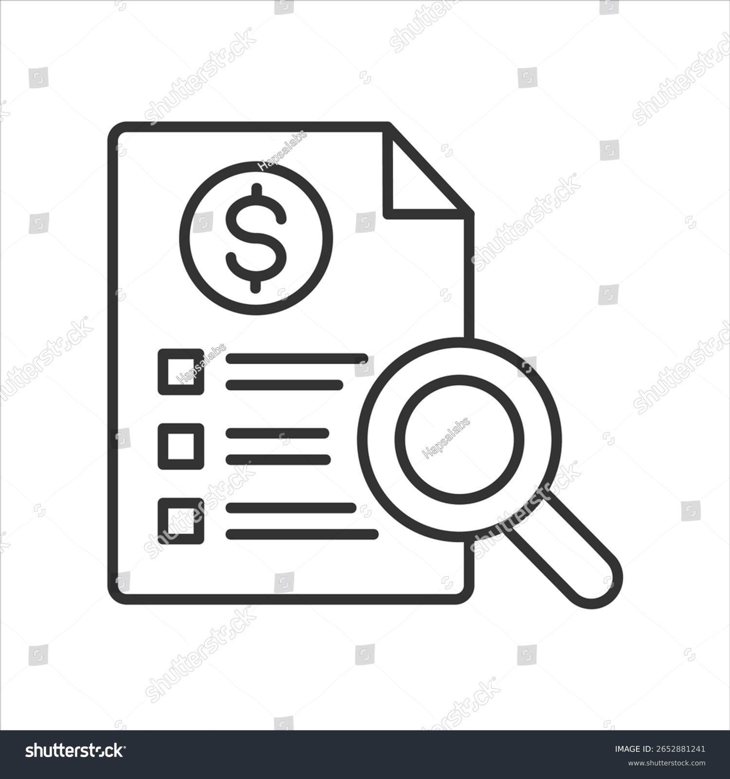 financial document with magnifying glass, outline clip art preview