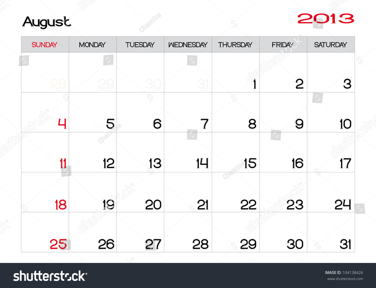 August 2013 Calendar In English Stock Vector Illustration 104138426 ...