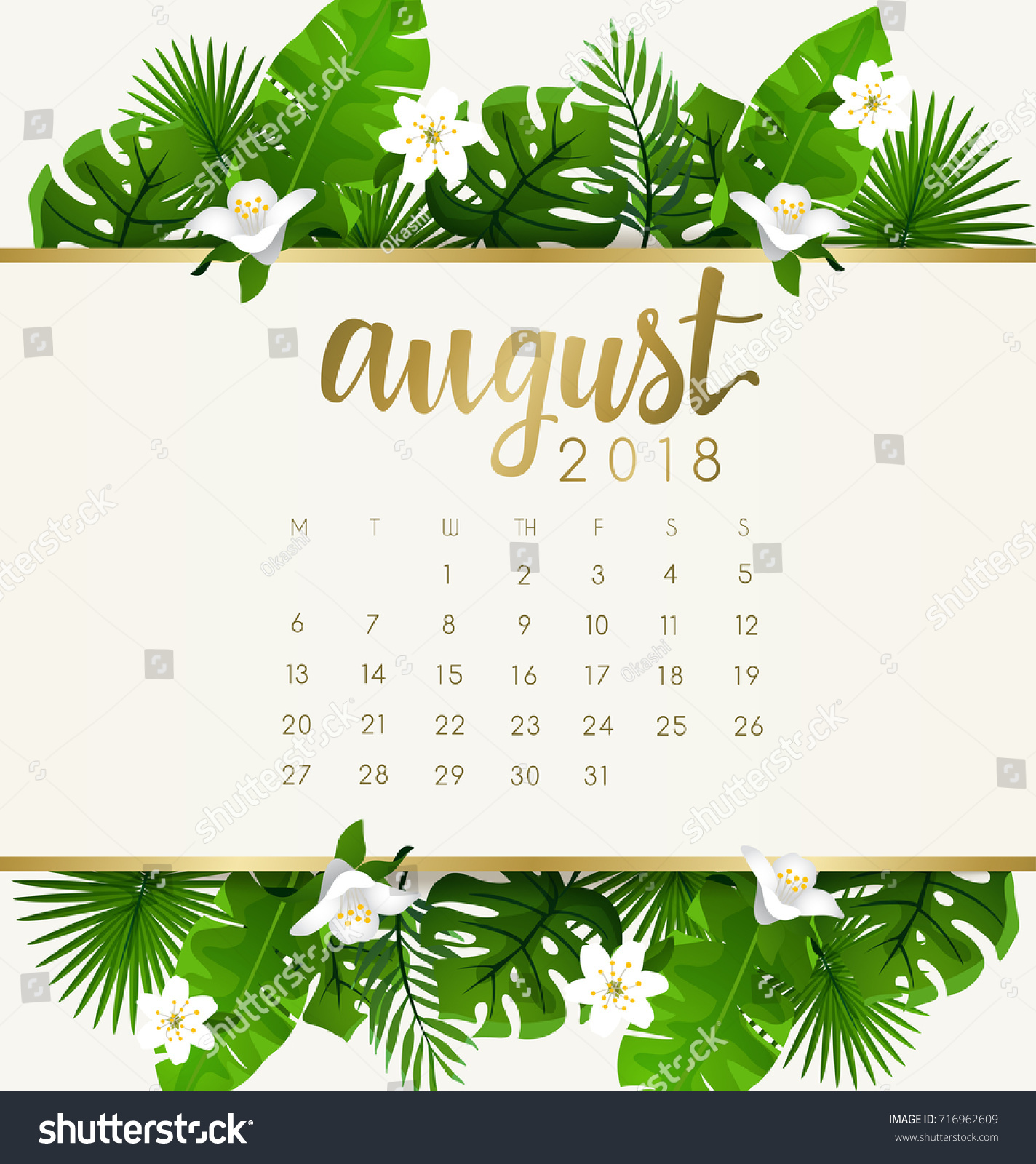 August 18 Calendar Template Exotic Tropical Stock Vector Royalty Free
