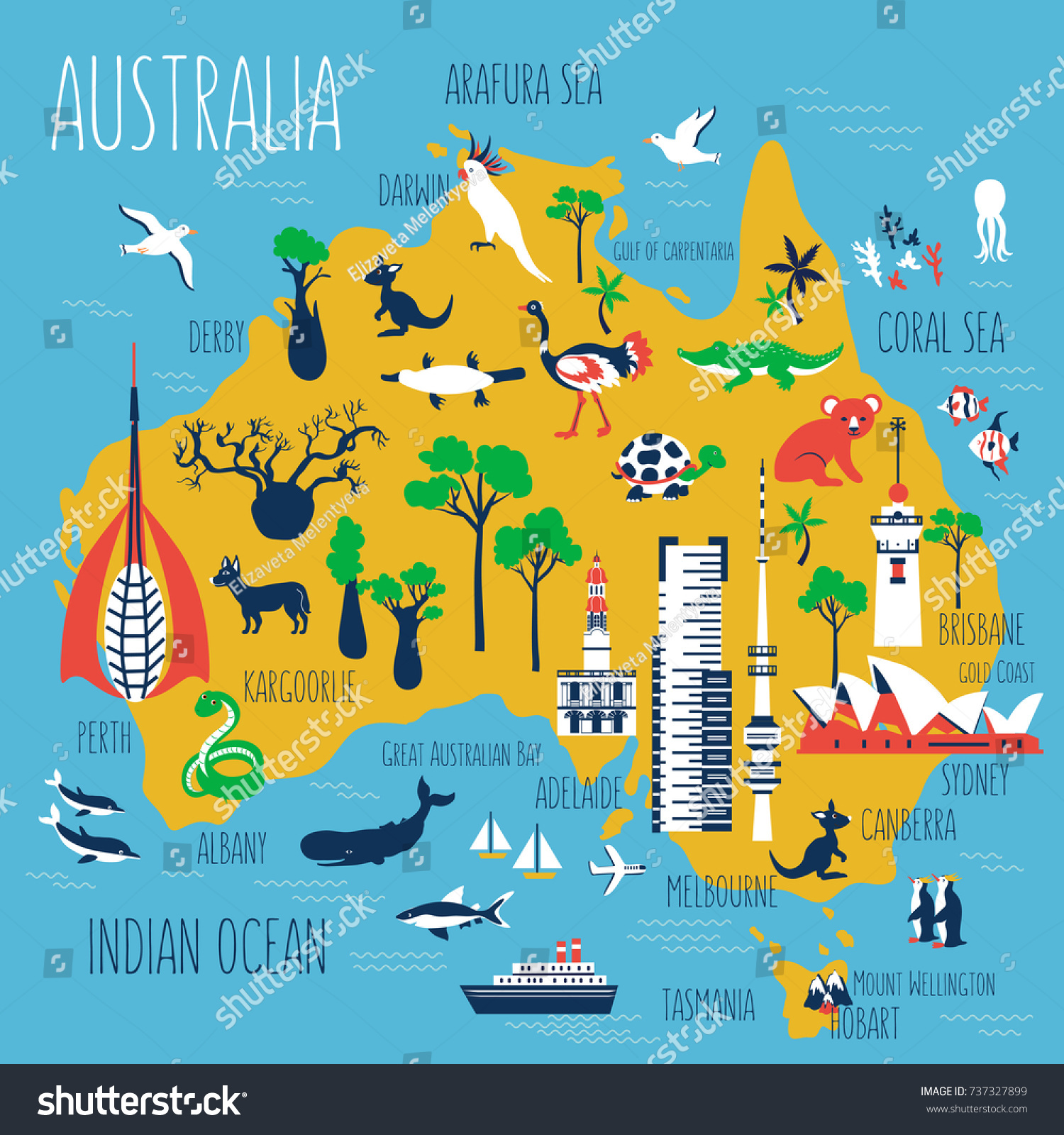 オーストラリアの漫画の旅の地図ベクターイラスト ランドマークtelstra Tower Perth Bell Tower Old Windmill Brisbane Adelaide のベクター画像素材 ロイヤリティフリー