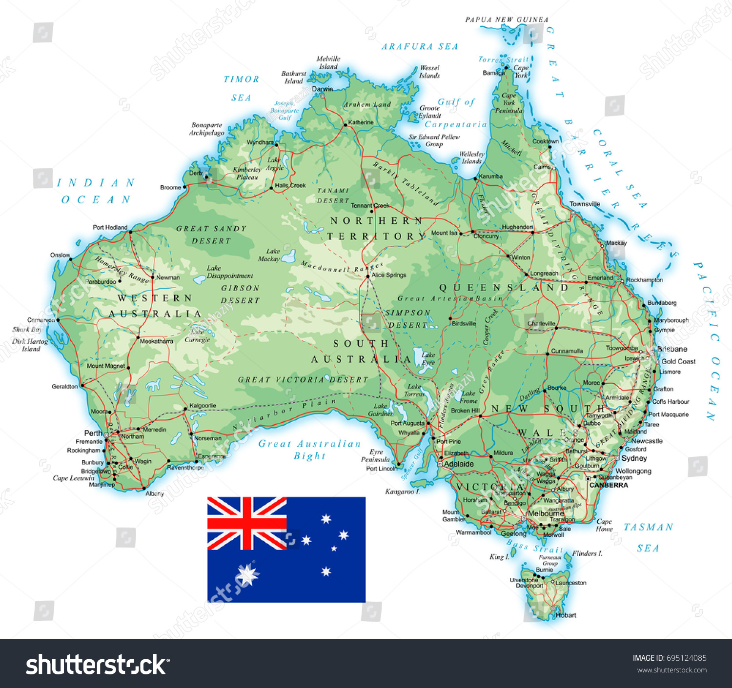 Australia Detailed Topographic Map Vector Illustration Stock