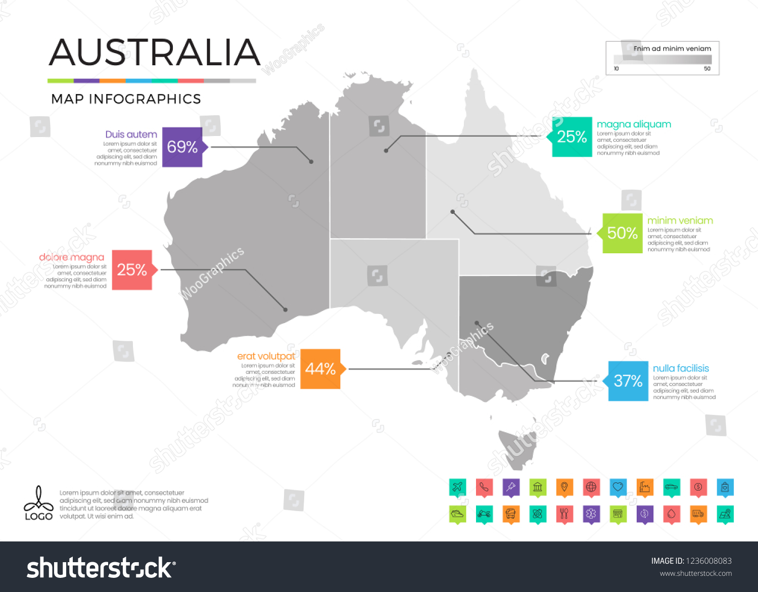 オーストラリアの地図インフォグラフィックスで ベクター画像で分割された編集可能な画層 ゾーン エレメント および地区領域を使用 のベクター画像素材 ロイヤリティフリー