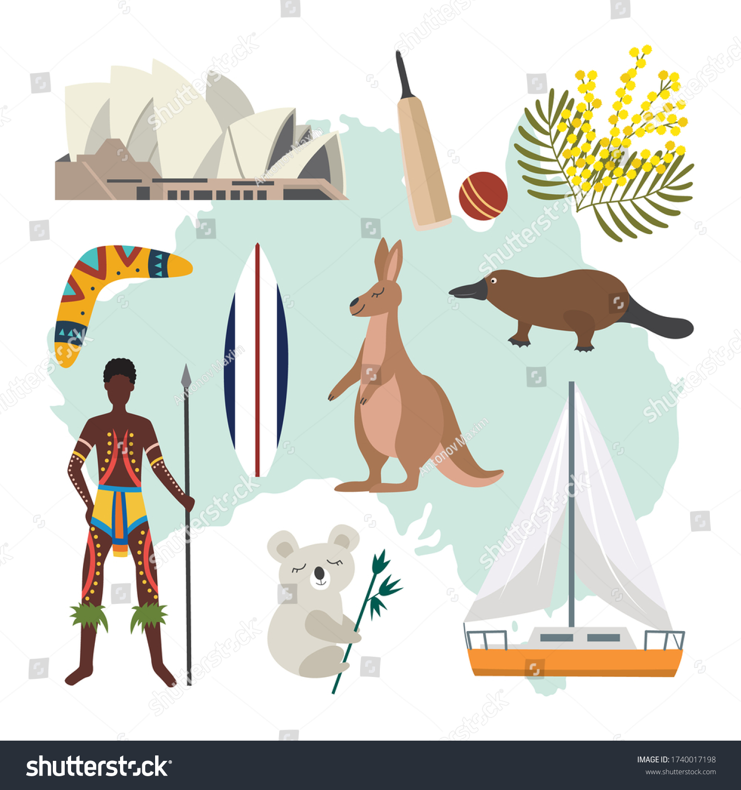 Australia Map National Symbols Culture Elements Stock Vector (Royalty ...