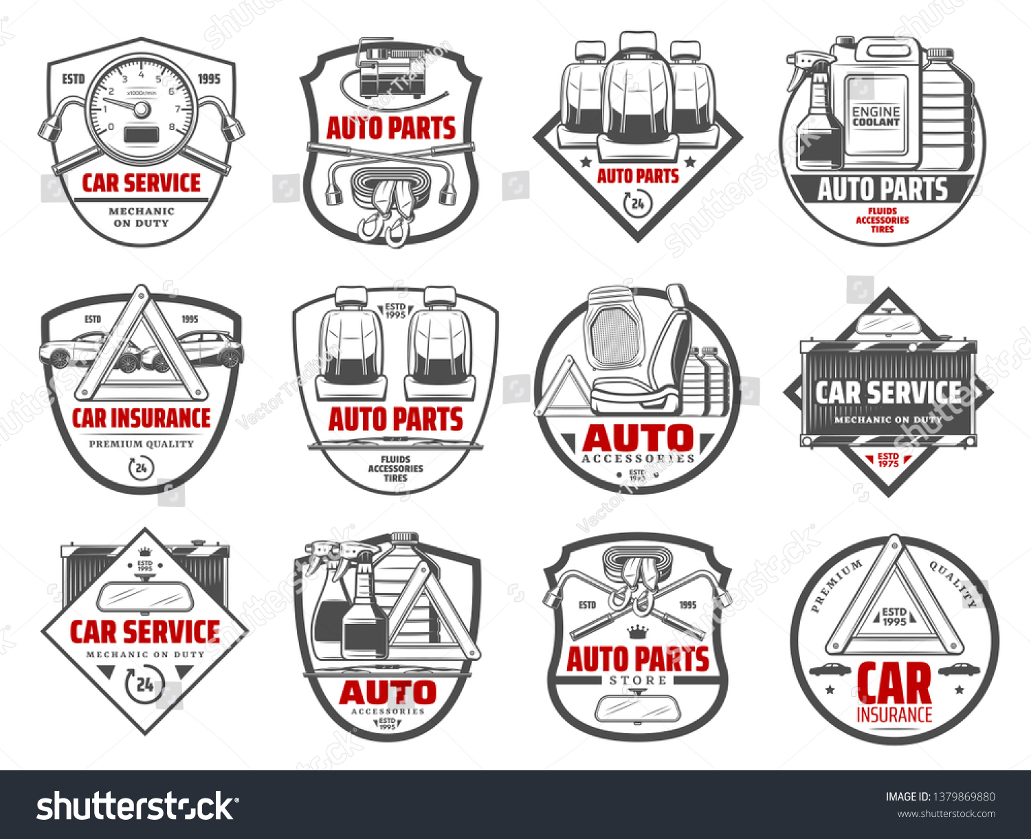 SVG of Auto spare parts and car accessory workshop icons. Vector tow belt, oils and chemical fluids, automotive service lung wrench tool and radiator, upholstery replacement and mechanic station sign svg