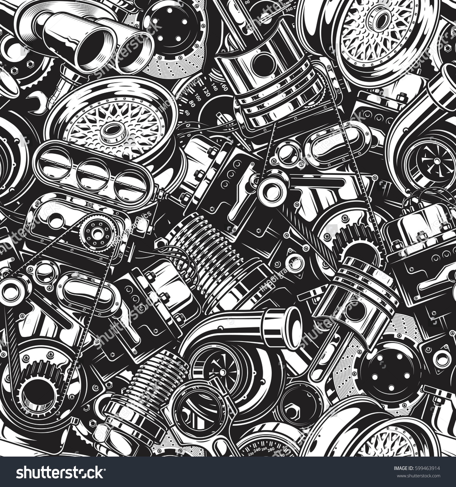 SVG of Automobile car parts seamless pattern with monochrome black and white elements background. svg