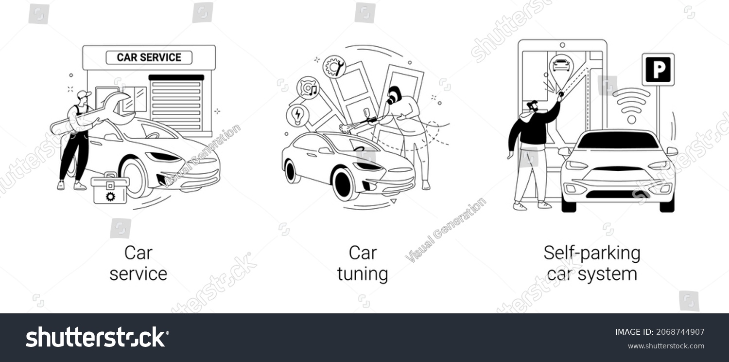 SVG of Automobile service abstract concept vector illustration set. Car service, vehicle tuning, self-parking car system, smart driverless technology, auto diagnostics, body shop abstract metaphor. svg