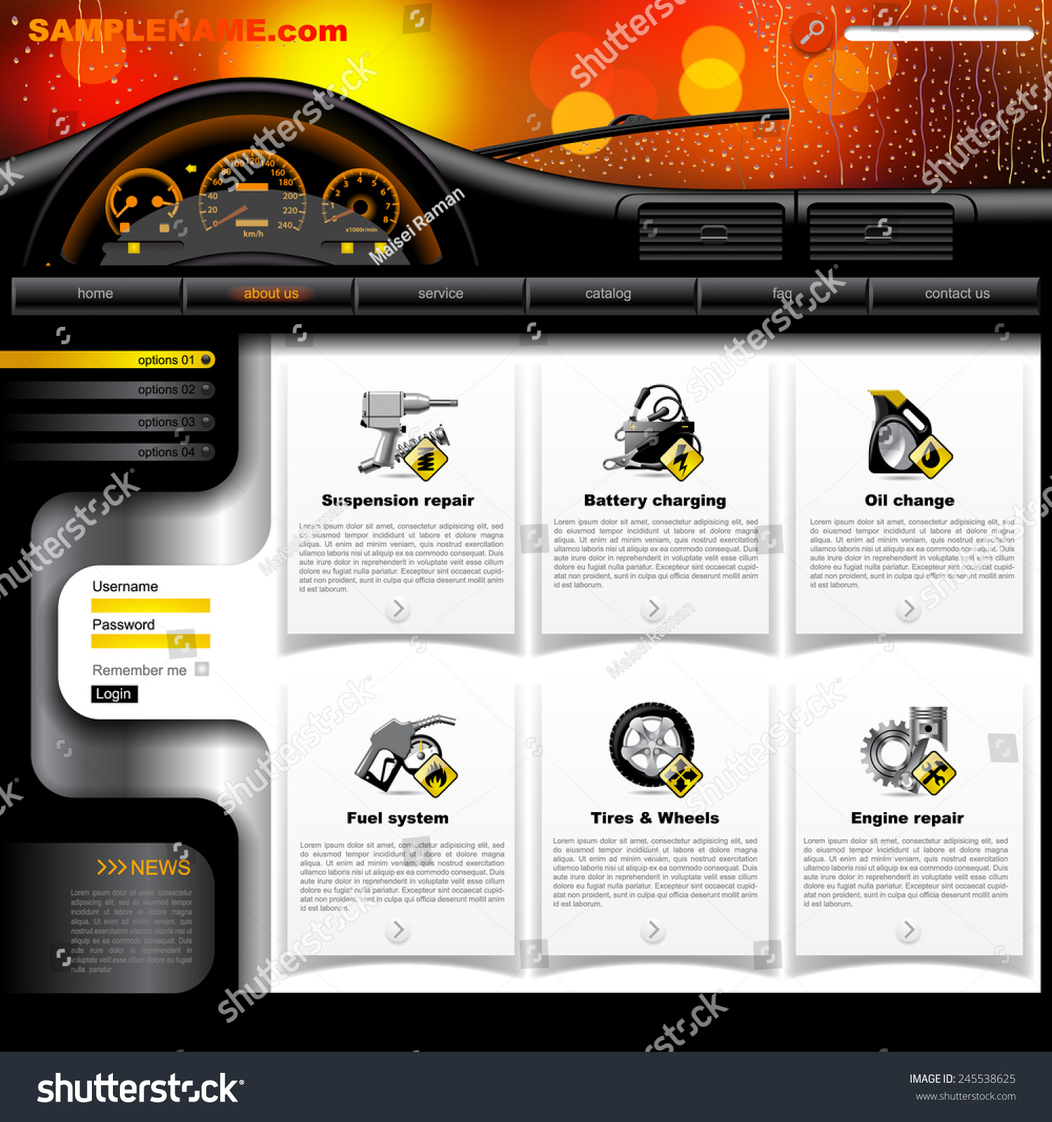 SVG of Automobile Service Website design template with dashboard, windshield in rain and service and repair related icons. Vector illustration svg