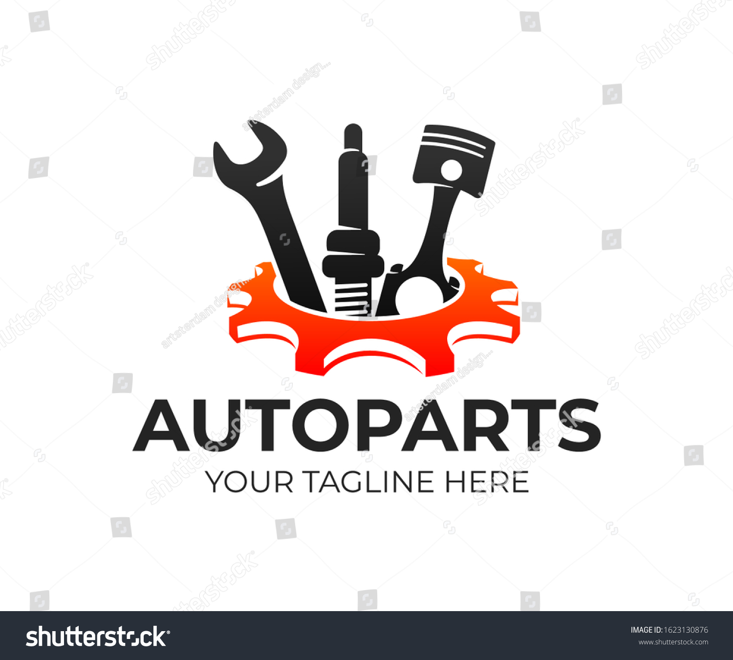 SVG of Autoparts in gear, auto piston, spark plug and wrench, logo design. Automotive parts, automobile detail and repairing car, vector design and illustration svg