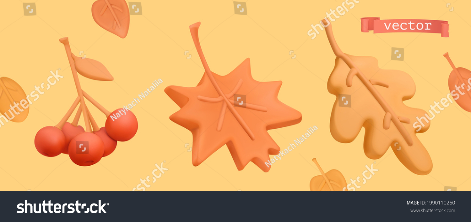 SVG of Autumn icon set. Red rowan, orange maple leaf, yellow oak leaf. 3d vector plasticine art objects svg