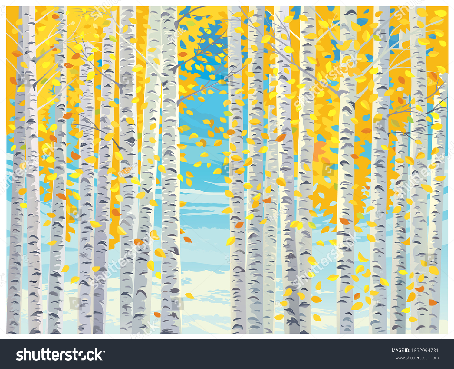 SVG of Autumn landscape, with birch trees and yellow autumn leaves falling to the ground. svg