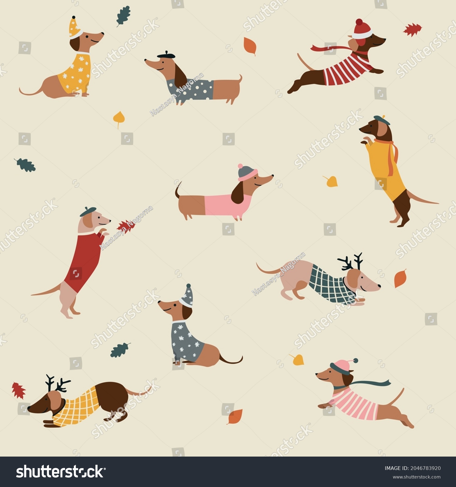 SVG of Autumn seamless pattern with dachshunds wearing hats and clothes on blue background. Vector illustration. Cute seamless pattern with long dogs dachshunds. Autumn leaves and dog svg