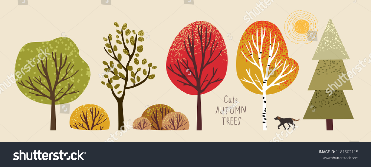 SVG of autumn trees, set of vector illustrations of cute trees and shrubs: oak, birch, aspen, linden, fir, sun and dog svg