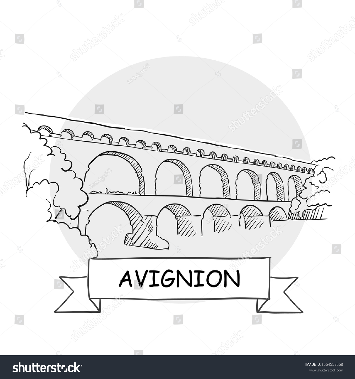 SVG of Avignion Hand-Drawn Urban Vector Sign. Black Line Art Illustration with Ribbon and Title. svg