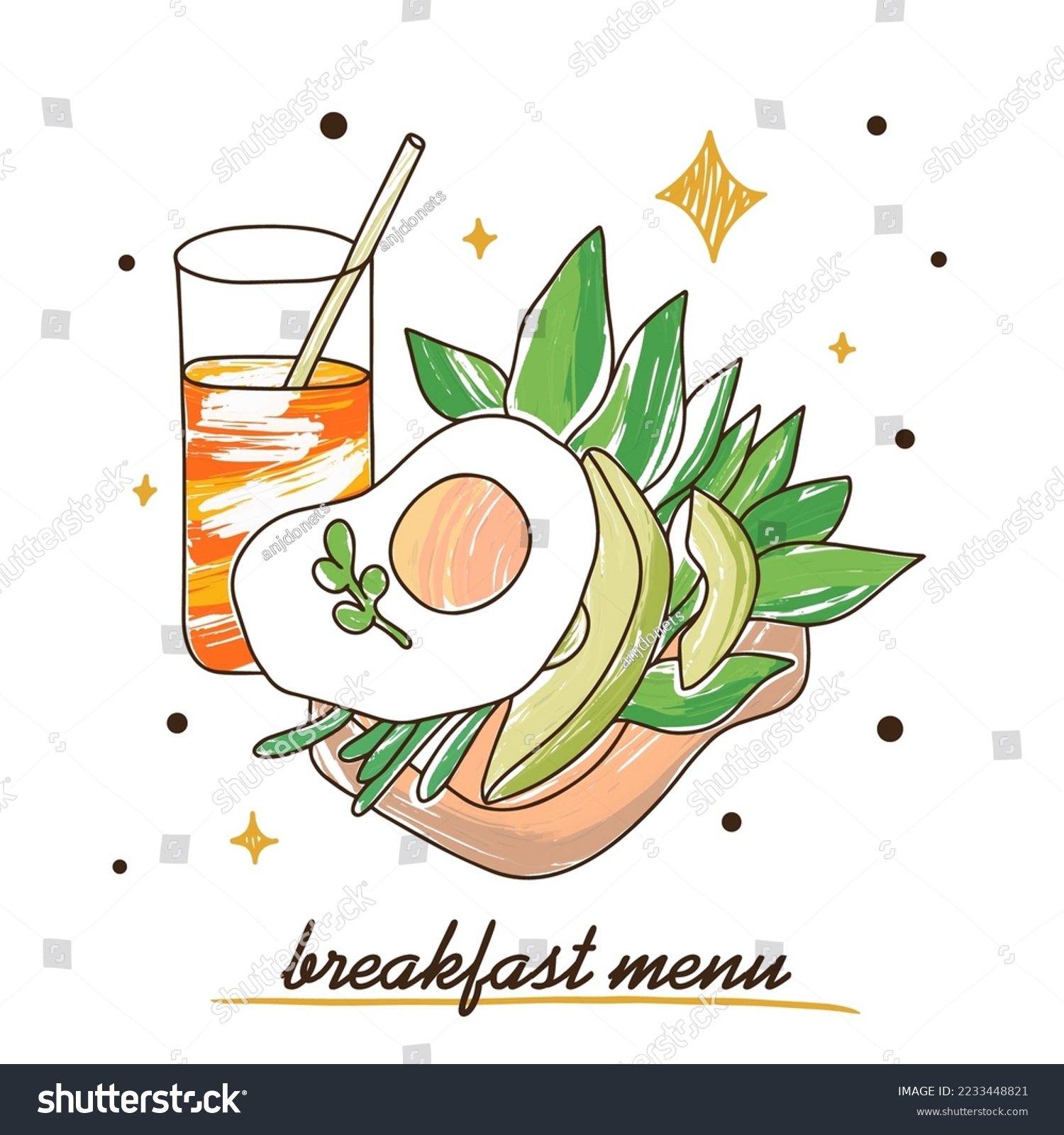 SVG of Avocado and egg sandwich decorated with herbs, breakfast menu, colorful doodle style illustration svg