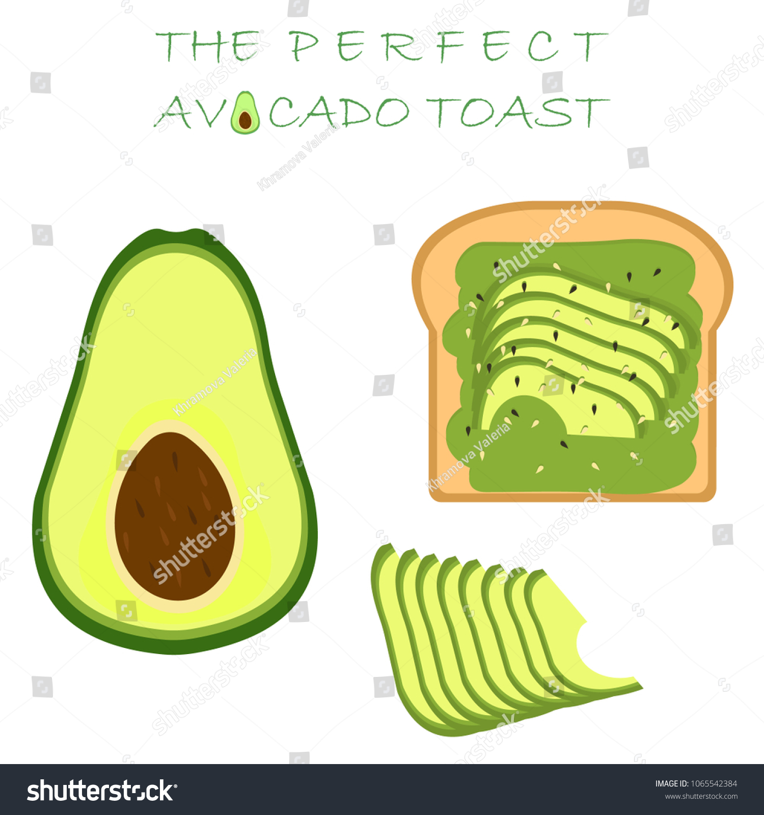 SVG of Avocado toast, avocado cut in half and pieces, chopped and smeared on fresh bread with sesame seeds and seasonings, ripe avocado slices isolated on white background, delicious ripe avocado set, vector svg