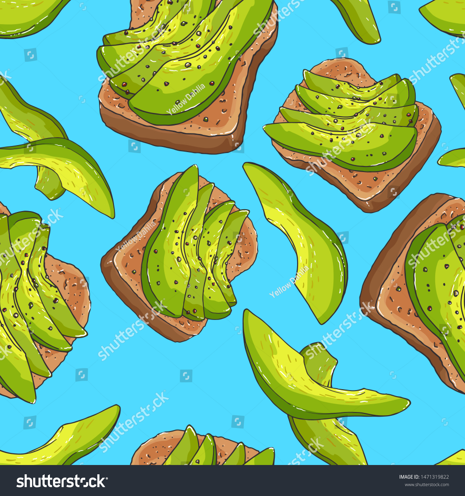SVG of Avocado toast for breakfast. Healthy food. Ripe sliced avocado and whole grain bread. Seamless background with pattern svg