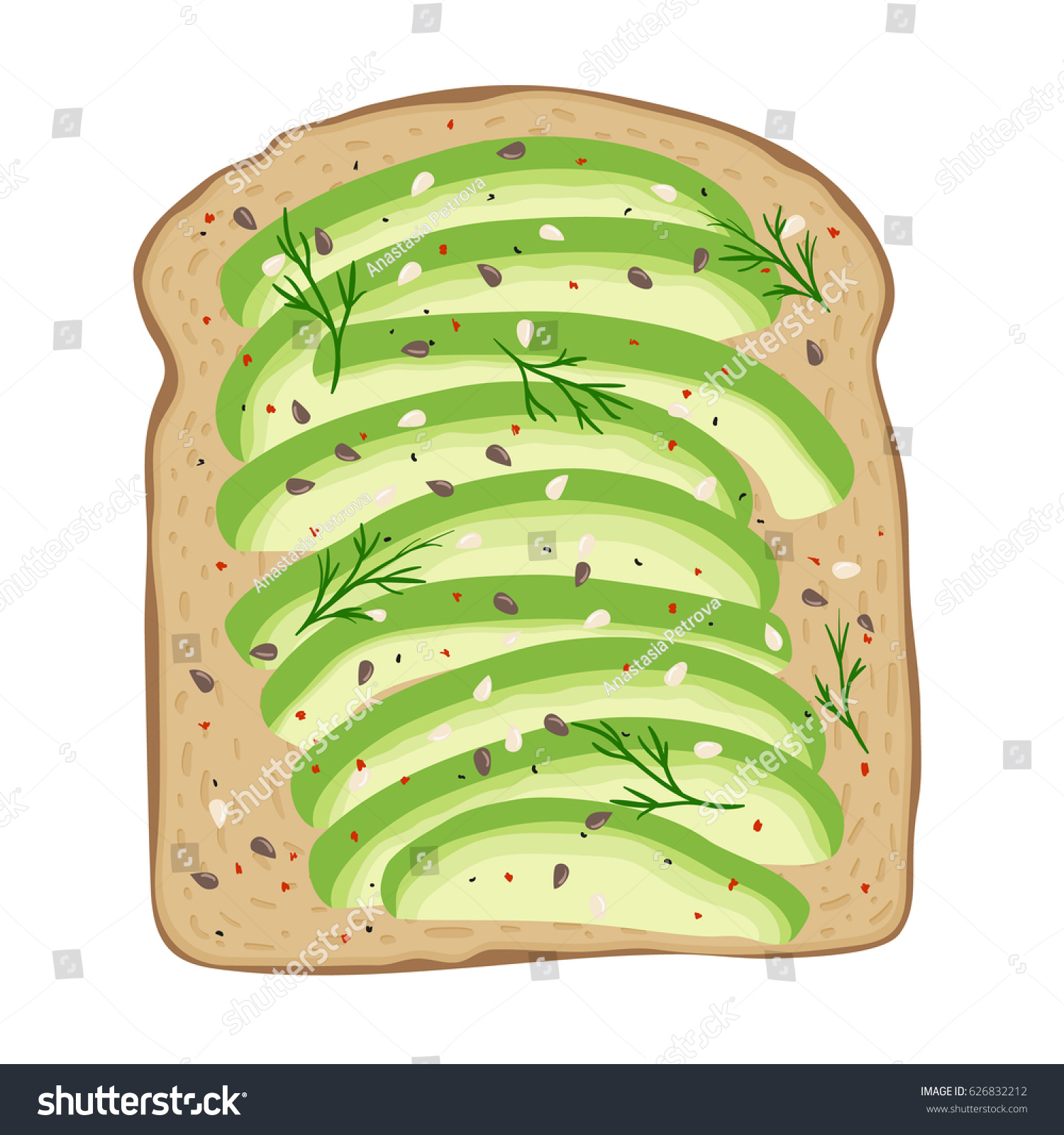 SVG of Avocado toast. Fresh toasted bread with slices of ripe avocado. Delicious avocado sandwich with sesame seeds, seasoning and dill. Vector illustration. svg