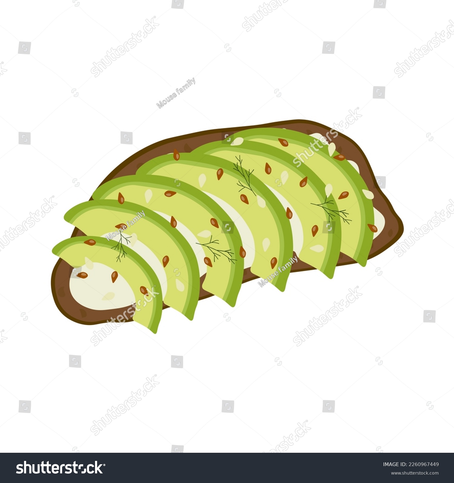 SVG of Avocado toast. Fresh toasted dark rye bread with slices of ripe avocado. Delicious avocado sandwich with sesame seeds, seasoning and dill. Vector illustration. svg