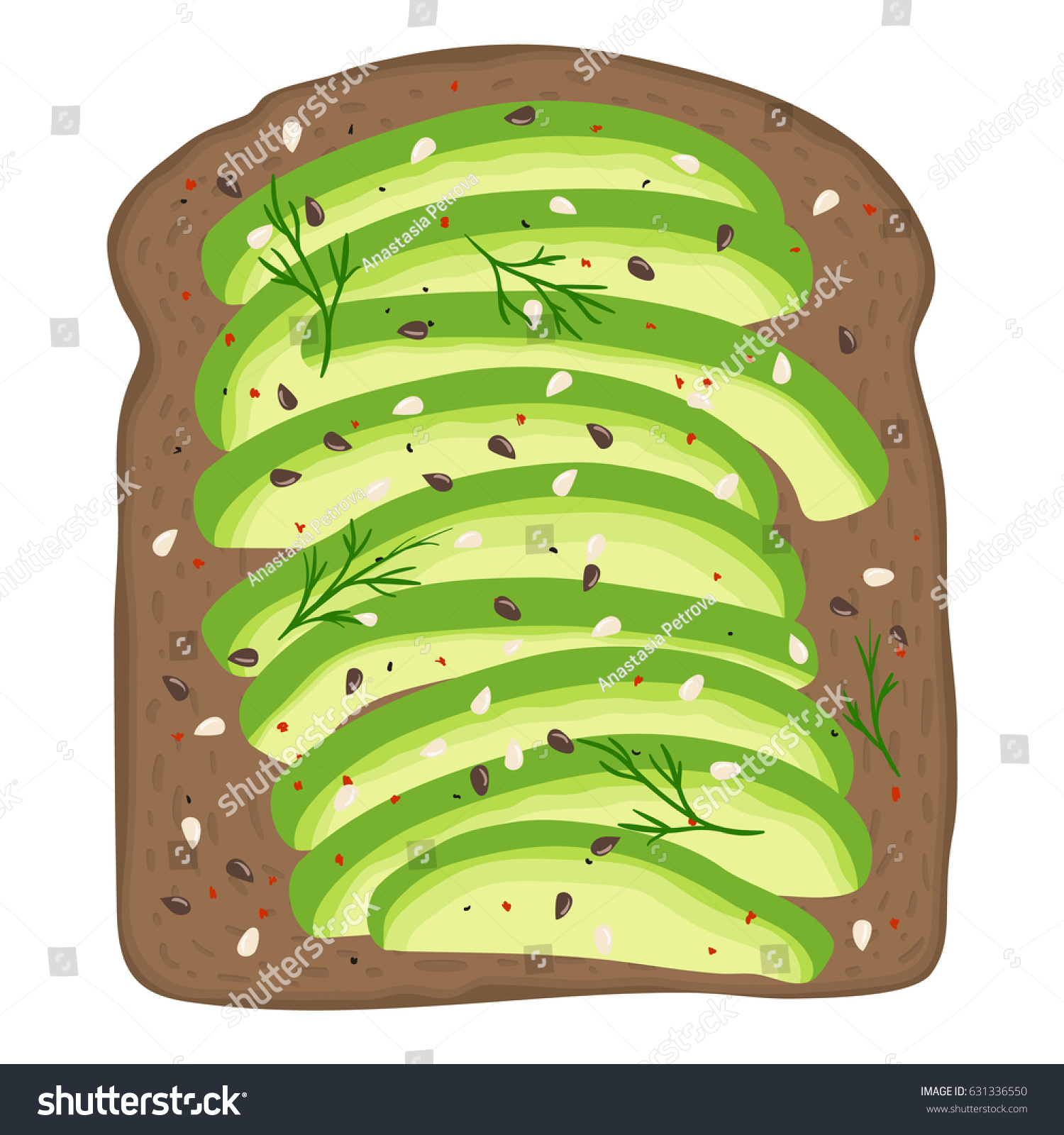 SVG of Avocado toast. Fresh toasted dark rye bread with slices of ripe avocado. Delicious avocado sandwich with sesame seeds, seasoning and dill. Hand drawn vector illustration. svg