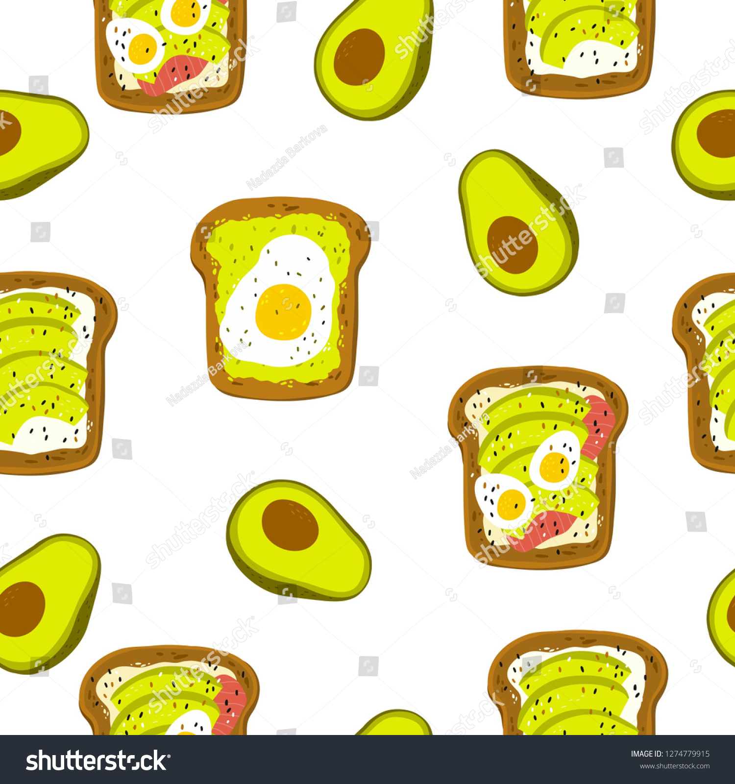 SVG of Avocado toast. Hand drawn vector illustration. Healthy wholesome breakfast with green avocado toast and egg. Seamless pattern svg