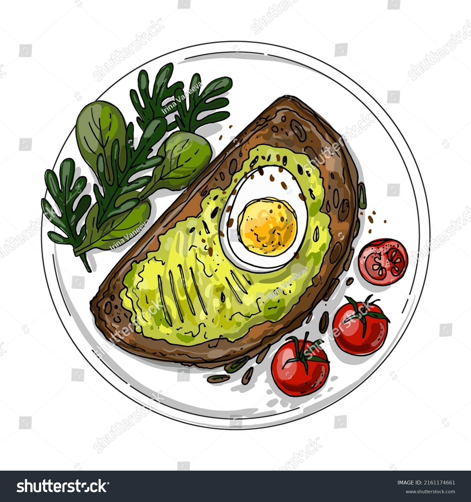 SVG of Avocado toast on plates. Breakfast vector sketch. A piece of bread and greens. healthy eating
 svg