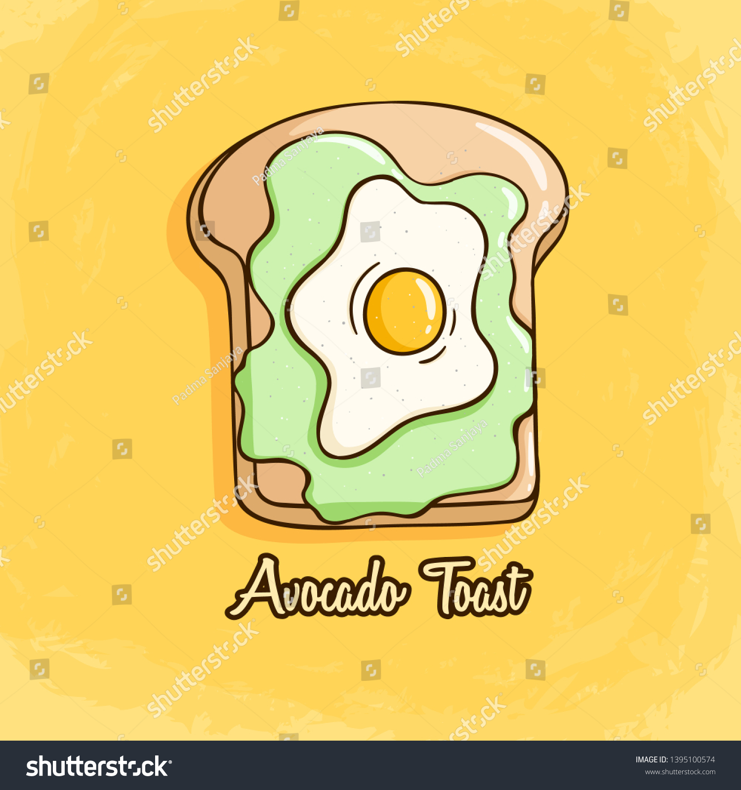 SVG of Avocado toast with fried egg and bread.  Cute avocado toast with colored doodle style on yellow background svg