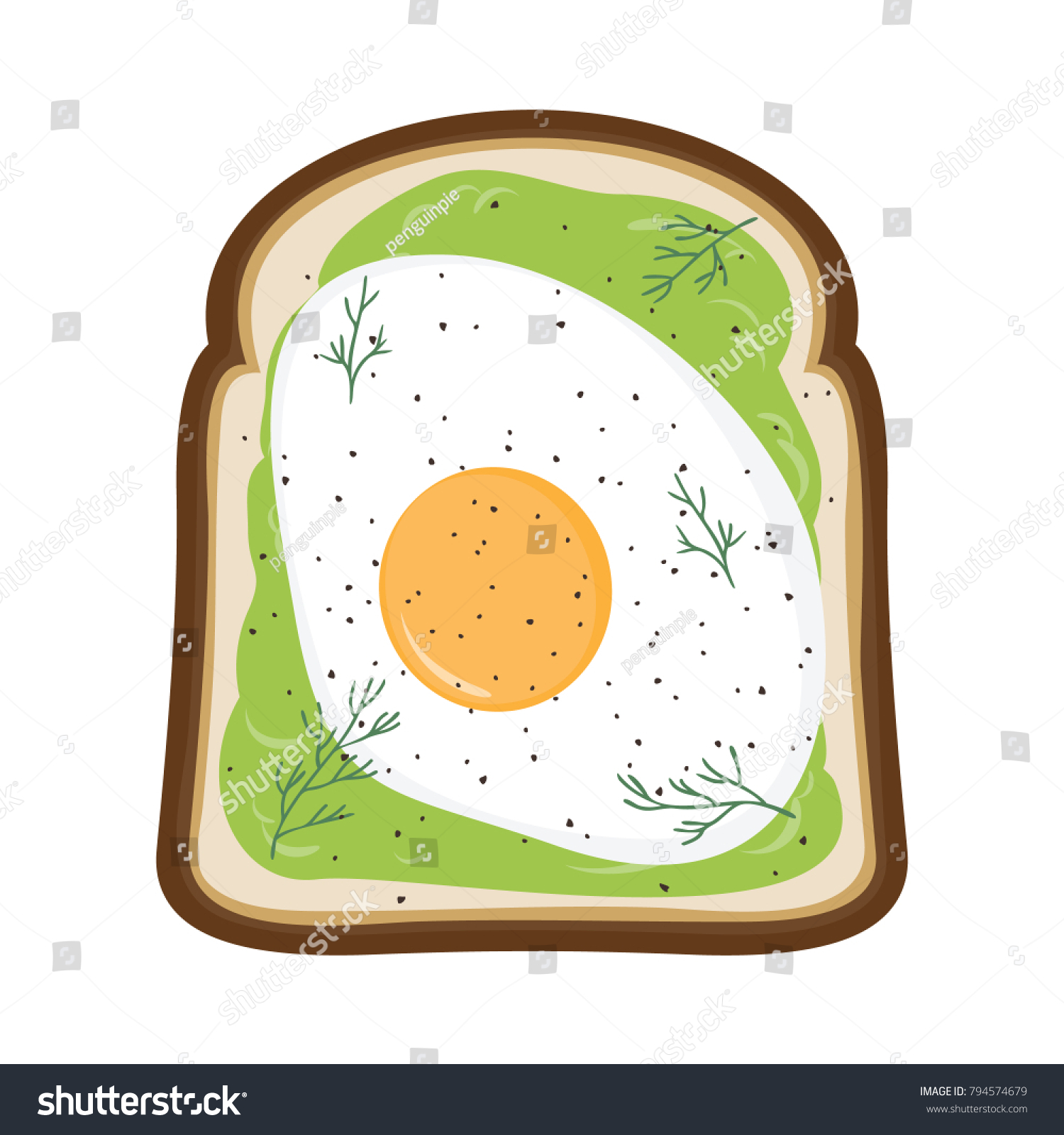 SVG of Avocado toast with fried egg, fresh dill and pepper illustration. Vector graphic of popular breakfast food of bread with mashed avocado and egg. svg