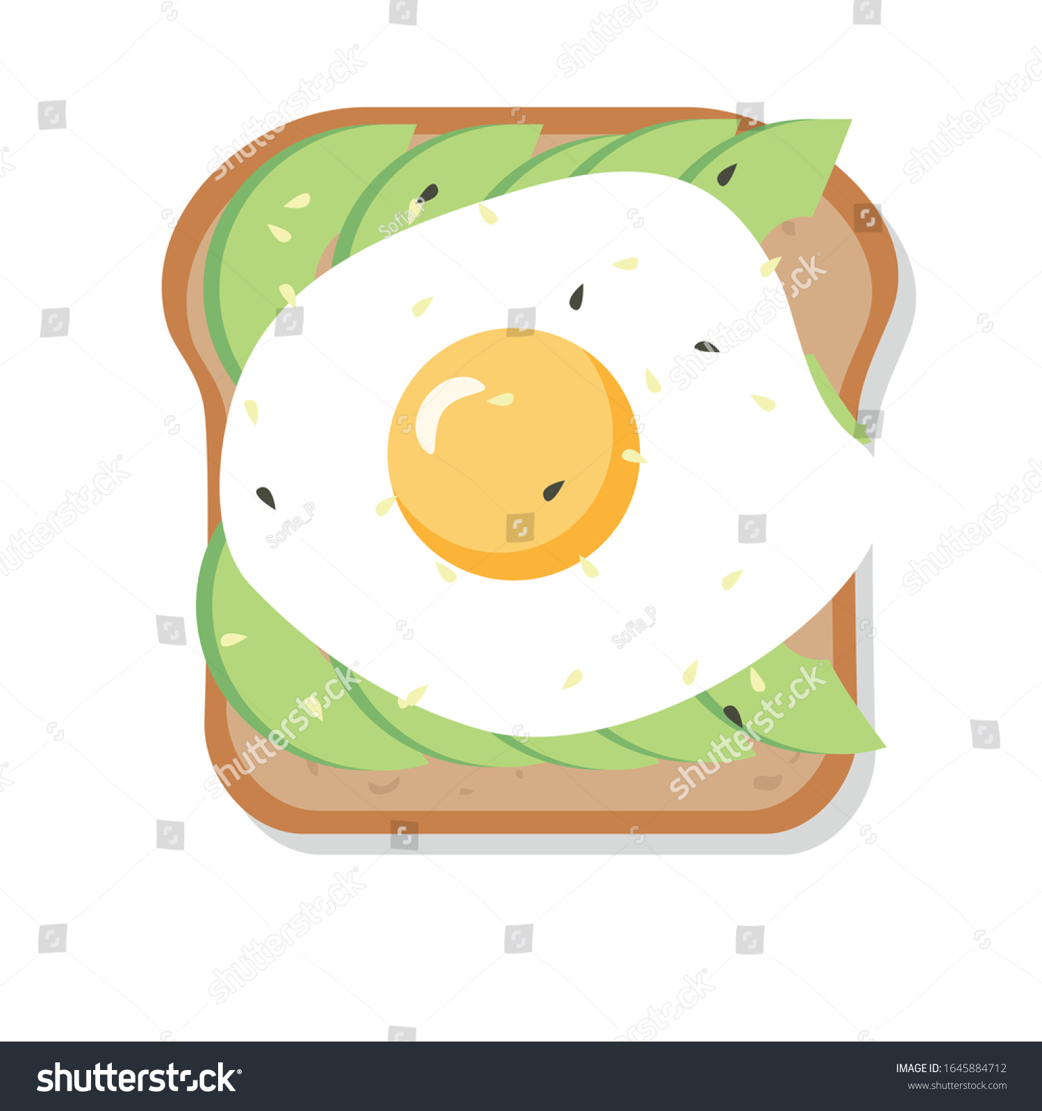 SVG of Avocado toast with fried egg, poached  egg. Popular breakfast food on white background. Delicious avocado sandwich. Vector stock illustration. svg