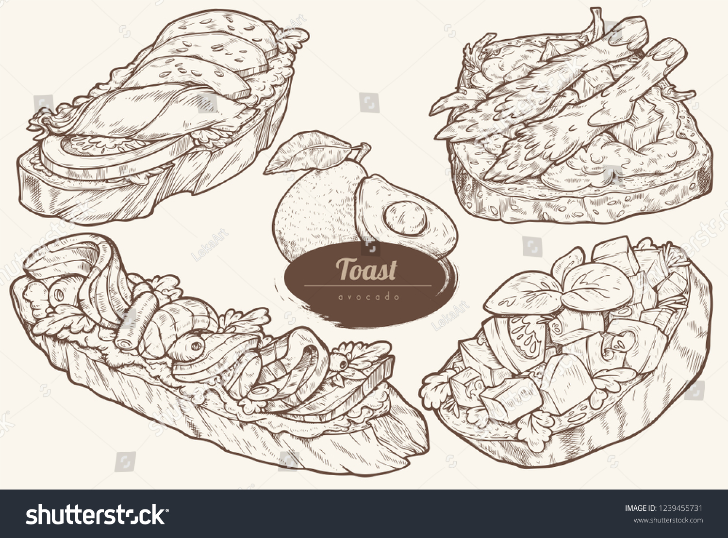 SVG of Avocado toasts with different toppings. Healthy breakfast meal. Set of vector illustrations isolated on light background. Hand drawn. Vintage style. svg
