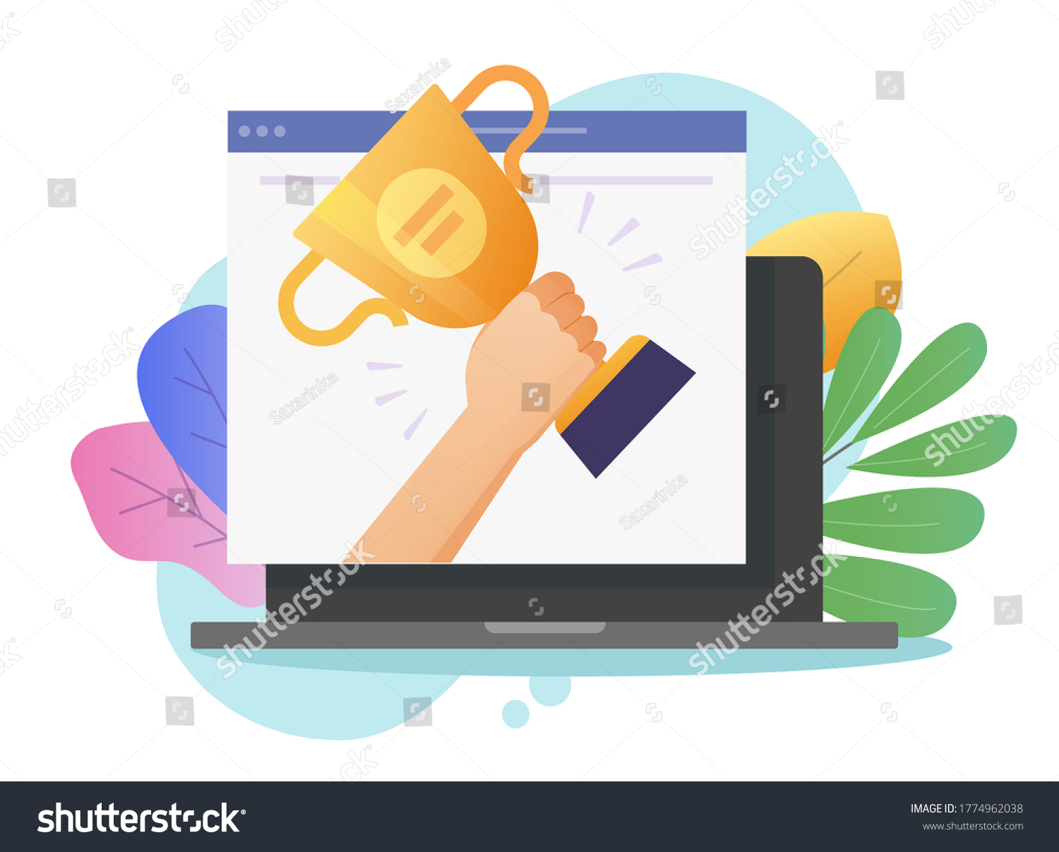 SVG of Award online web vector or digital internet website winner prize achievement on laptop computer, victory golden cup trophy flat cartoon, concept of championship competition gift, contest challenge win svg