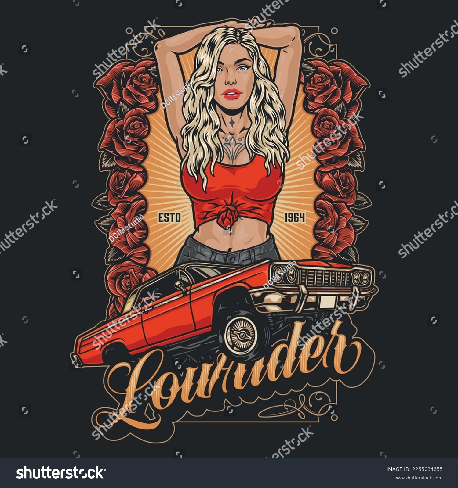SVG of Awesome lowrider girl flyer colorful car with high hydraulic wheels and model in seductive urban culture clothes vector illustration svg