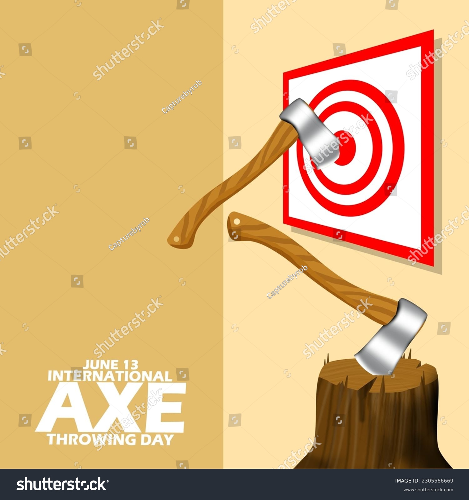 SVG of Axe throwing activity stuck in the wall of the target box with bold text on light brown background to celebrate International Axe Throwing Day on June 13 svg