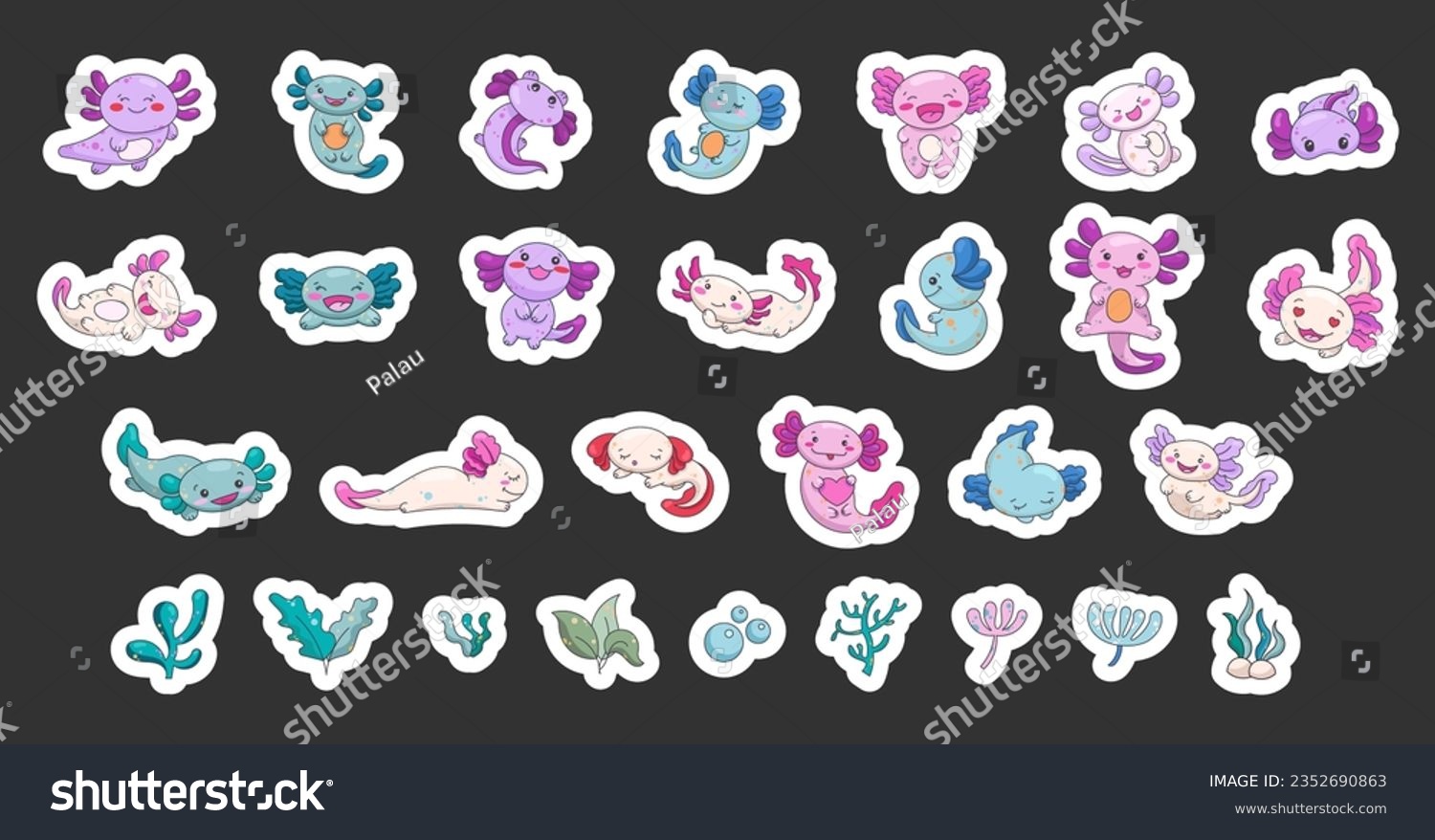 SVG of Axolotl cute kawaii character. Underwater plants and algae. Sticker Bookmark. Vector illustration. Collection design elements. svg