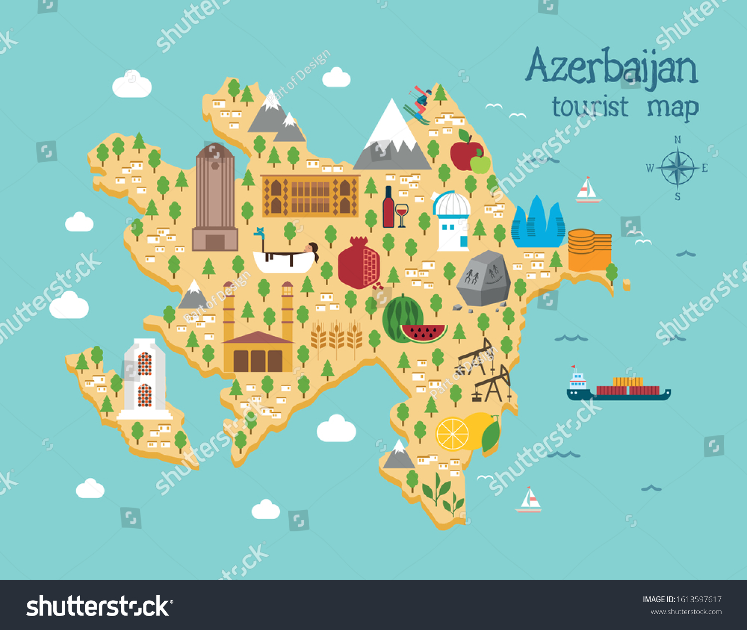 SVG of Azerbaijan cartoon tourist map with the main landmarks of the regions. Flat illustrated map svg