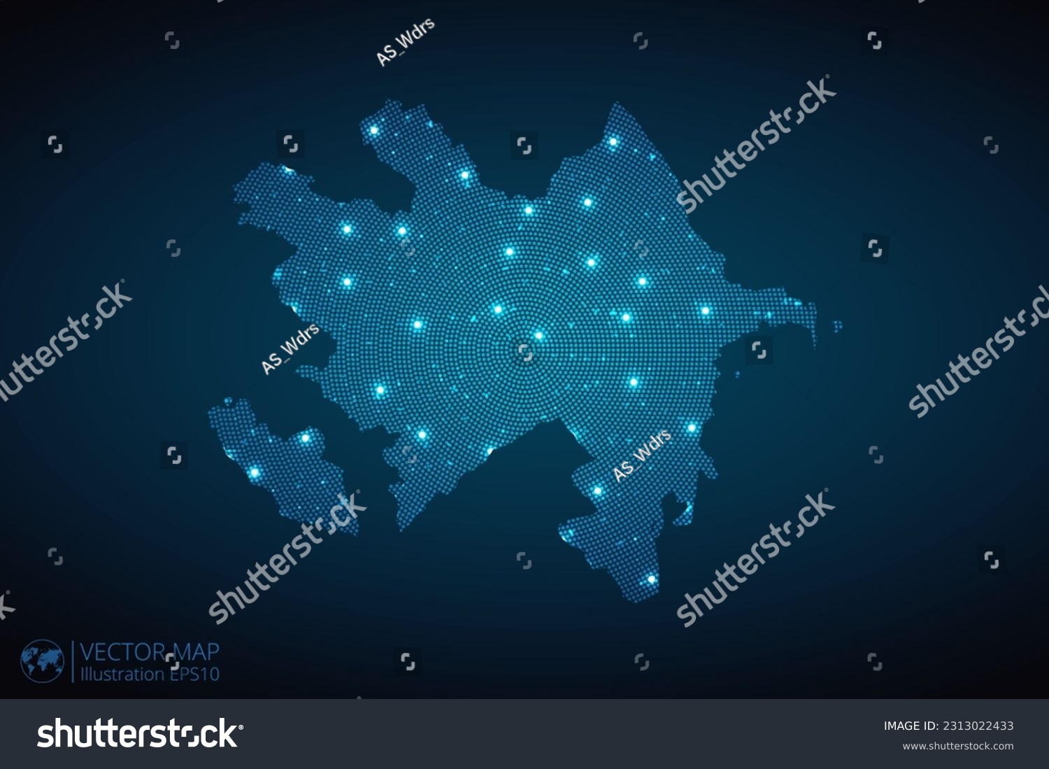 SVG of Azerbaijan map radial dotted pattern in futuristic style, design blue circle glowing outline made of stars. concept of communication on dark blue background. Vector EPS10 svg
