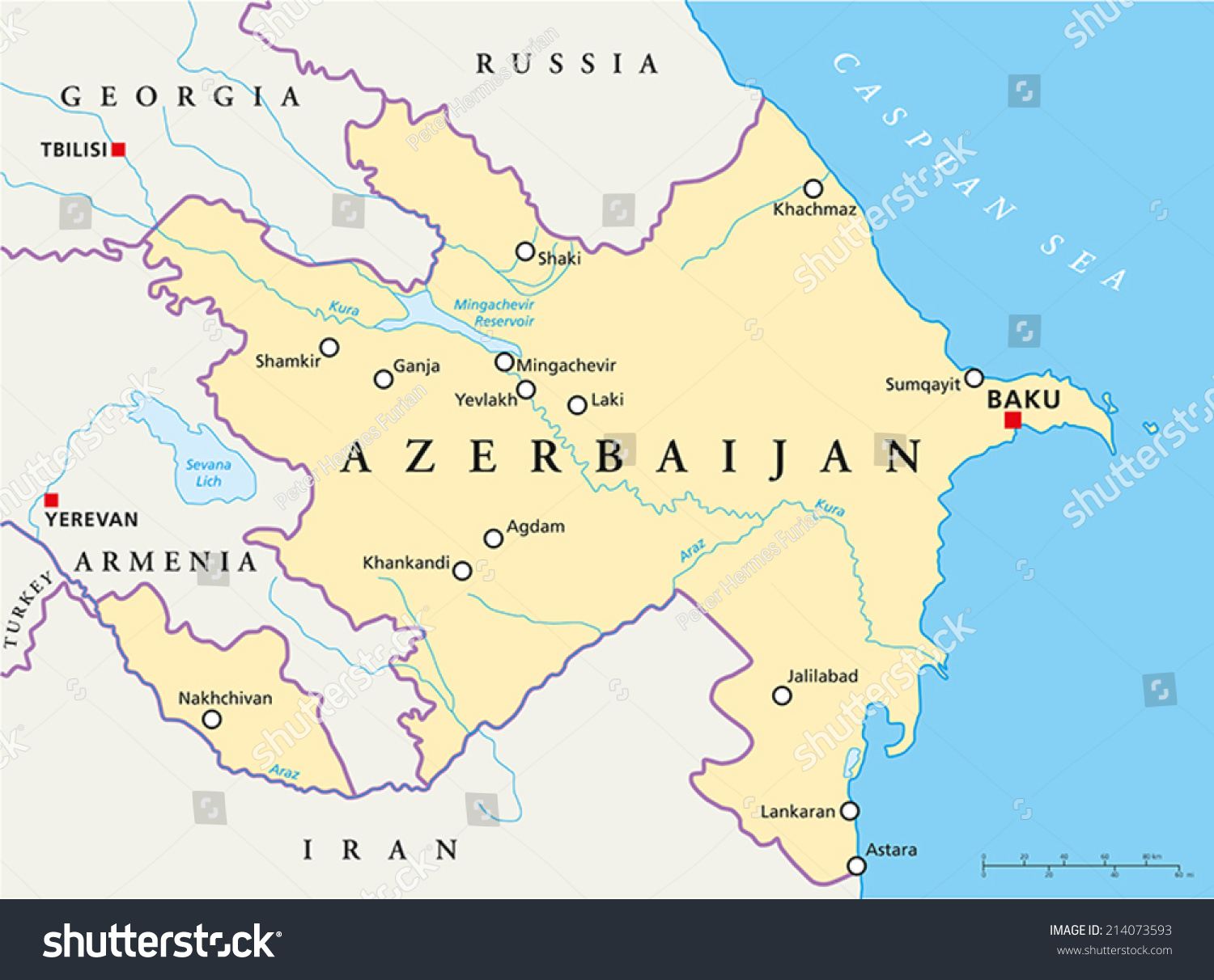 SVG of Azerbaijan Political Map with capital Baku, national borders, most important cities, rivers and lakes. English labeling and scaling. Illustration. svg