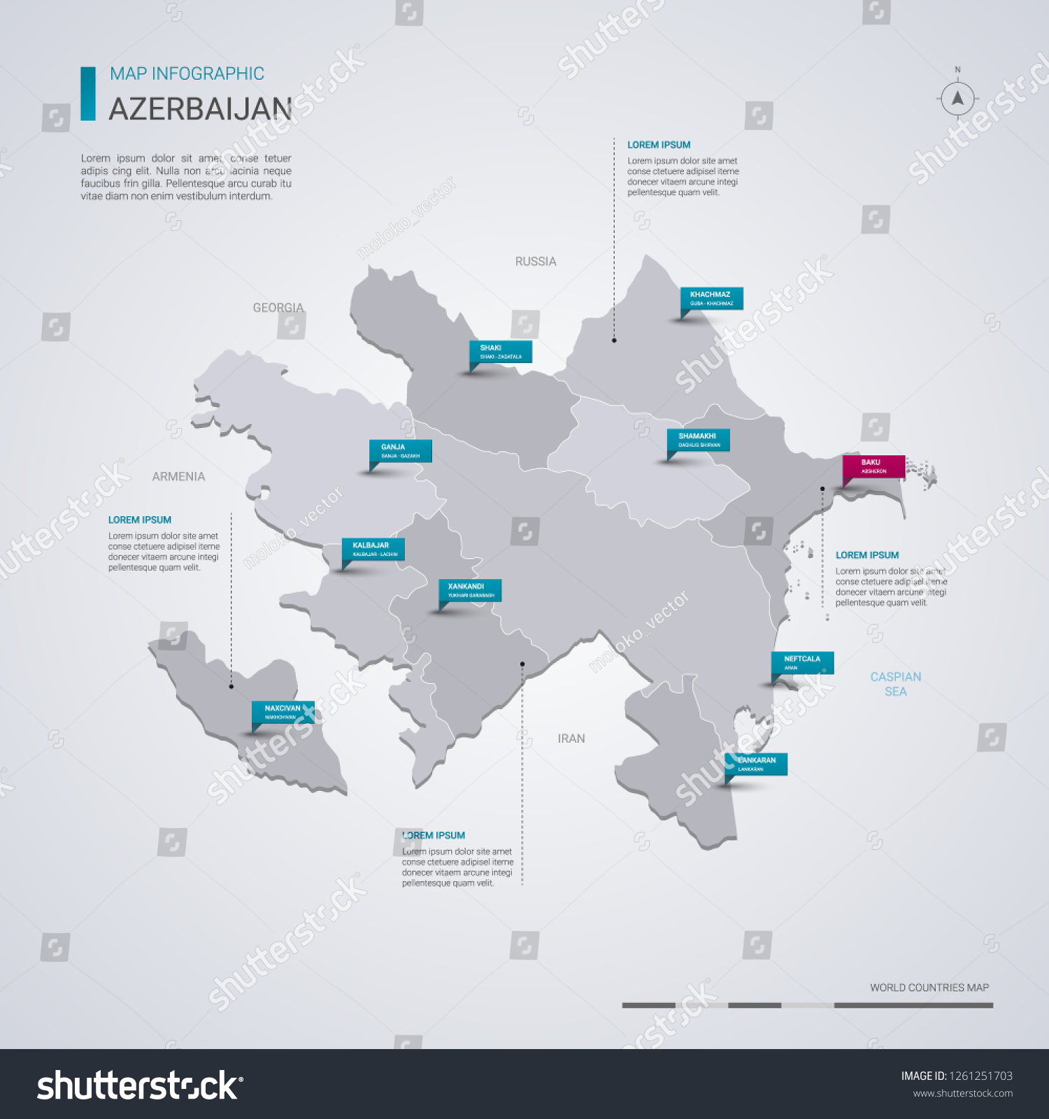 SVG of Azerbaijan vector map with infographic elements, pointer marks. Editable template with regions, cities and capital Baku.  svg