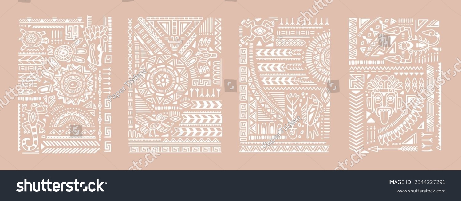 SVG of Aztec, African, Mayan ornaments set. Abstract geometric shapes and animals in boho style, ethnic pattern, tribal elements. Ancient Cherokee, Mexican tattoo, wall art. Flat graphic vector illustration. svg