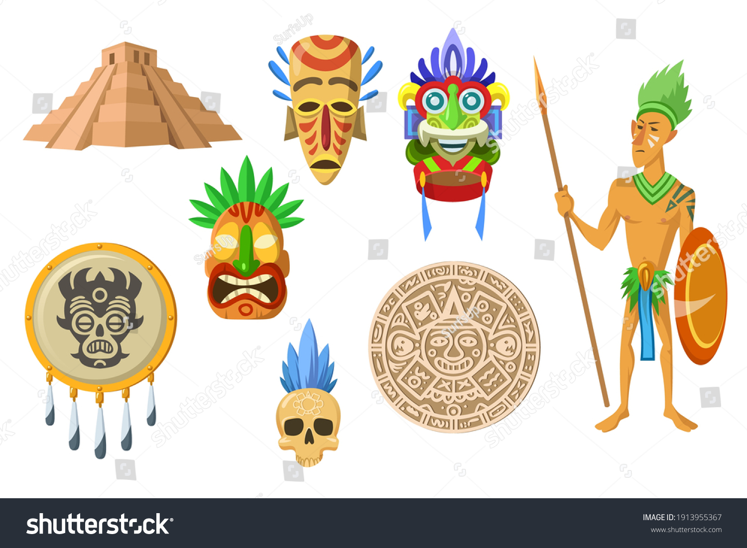 Aztec Ancient Artifacts Set Pyramids Tribal Stock Vector (Royalty Free ...