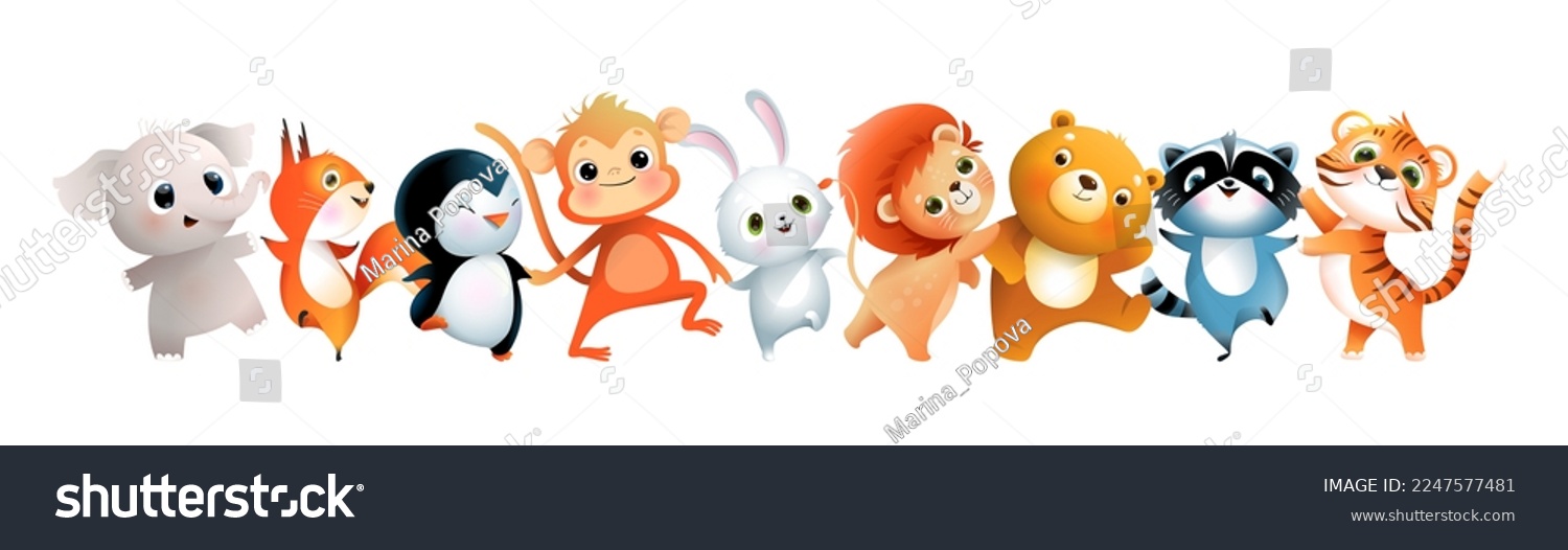 SVG of Baby bear tiger lion monkey penguin raccoon and squirrel jumping or dancing, cute animals illustration for kids. Children cartoon of funny happy smiling animals dance, isolated vector clipart. svg