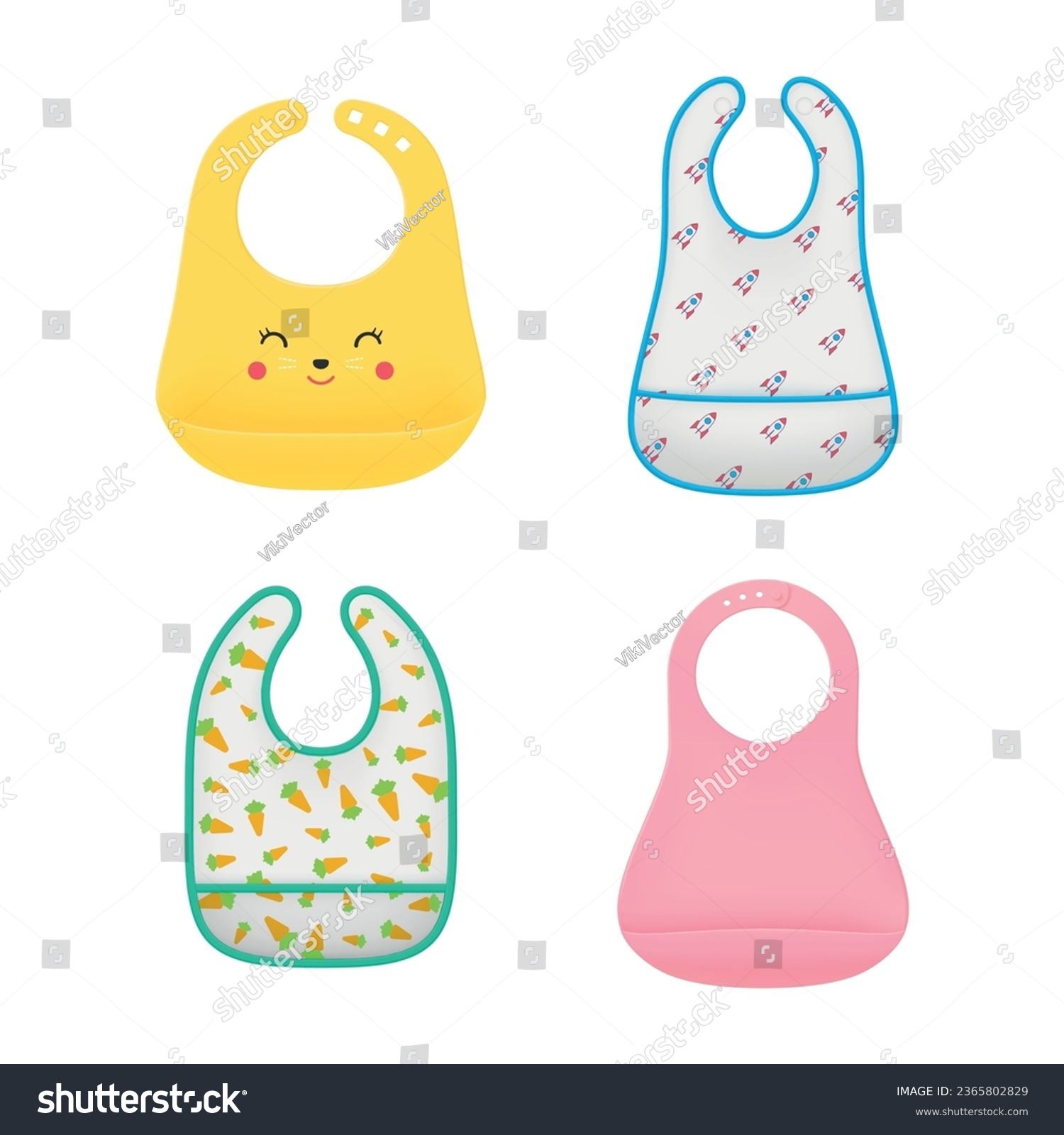 SVG of Baby bib plastic and textile protective newborn clothes for eating set realistic vector illustration. Childish safety garment for feeding cute design with muzzle character carrot rocket and pink apron svg