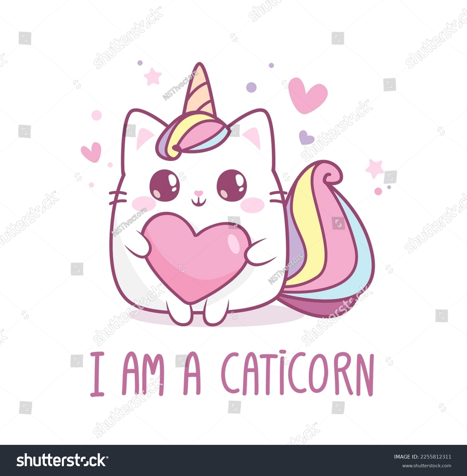 SVG of Baby Caticorn kitten or White Cat Unicorn hold heart with hand drawn slogan 
