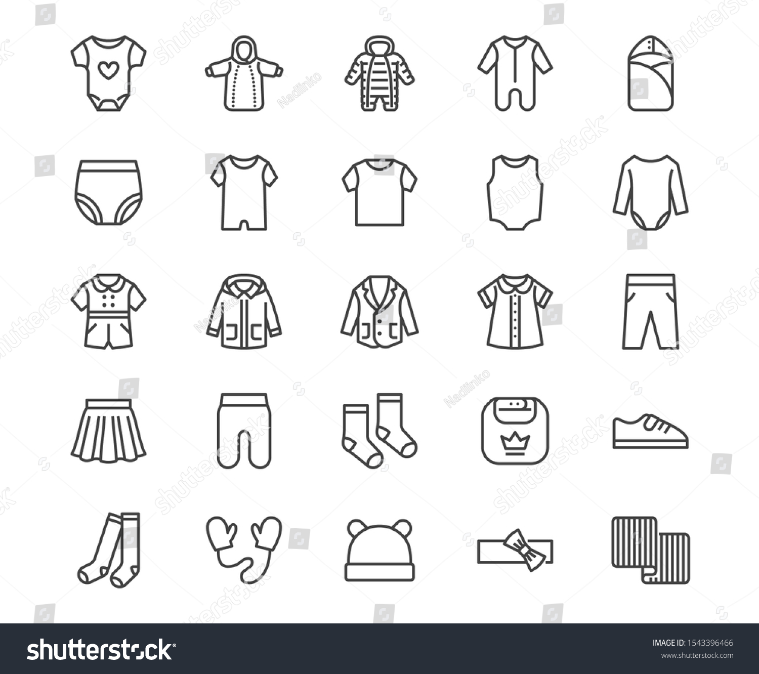 SVG of Baby clothes flat line icons set. Bodysuit, coverall, romper, buster suit, newborn nest, girl dress vector illustrations. Outline signs for children fashion store. Pixel perfect  Editable Stroke. svg