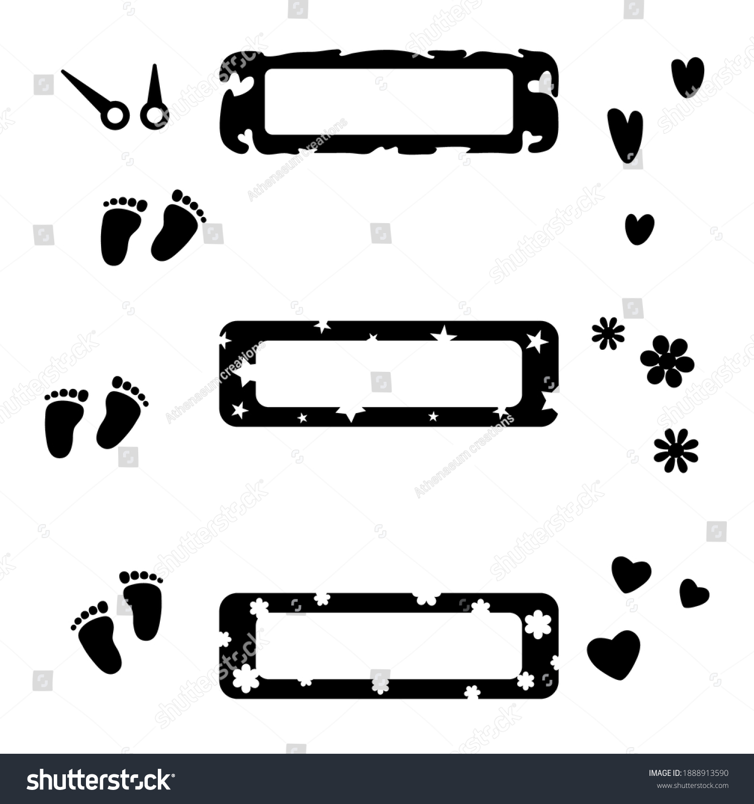 SVG of Baby footprints, hearts, flowers, frames set. Birth Stats decorative elements for Birth Announcement design. Vector illustration for scrapbooking, albums, metrics, posters, invitation cards for baby. svg